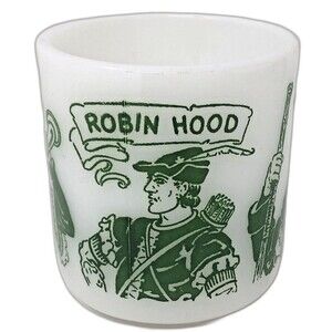Vintage Hazel Atlas Robin Hood Childs Mug Milk Glass Cup Little John Friar Tuck